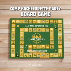 the camp bachelor party board game is displayed on a wooden table with text overlay