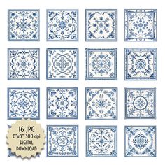 the blue and white tile pattern is shown in twelve different styles, including one for each floor