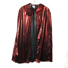 Cape Red Shiny Lame’ 32” Long Unisex 32” Cape With Collar Ties At Neckline Devil - Super Hero - Halloween 60 Vampire Style Winter Party Outerwear, Vampire Style Outerwear For Costume Party In Fall, Red Long Sleeve Party Costumes, Red Winter Costume For Costume Party, Long Sleeve Costume For Fall Party, Vampire Long Sleeve Costume For Fall, Fall Vampire Costume With Long Sleeves, Red Long Sleeve Outerwear For Halloween, Red Long Sleeve Outerwear For Costume Party