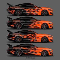 three orange and black cars with flames on the hood, one is in different positions