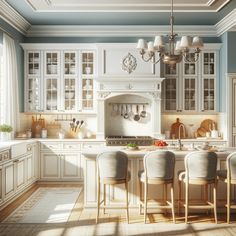 a kitchen with blue walls and white cabinets is shown in this artist's rendering