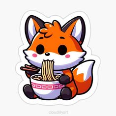 a cartoon fox eating noodles with chopsticks in it's mouth sticker