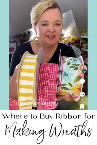 a woman holding up some items in her hands with the words where to buy ribbon for making wreaths