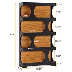 three tiered wooden shelf with measurements for the top and bottom shelves, each holding two different