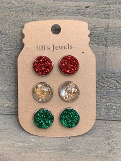 Red, Green and Gold Christmas Faux Druzy Earring 3 Set - Jill's Jewels | Unique, Handcrafted, Trendy, And Fun Jewelry Red Green And Gold Christmas, Green And Gold Christmas, Christmas Resin, Christmas Ring, 3 Earrings, Druzy Earrings, Christmas Earrings, Gold Christmas, Resin Jewelry