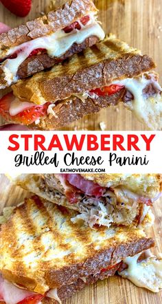 strawberry grilled cheese panini is cut in half and stacked on top of each other