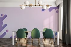 a dining room with purple and green chairs