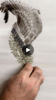 a hand is holding a feather and pointing at it