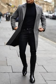 Mafia Outfits Men, Nice Casual Outfits For Men, Husband Fashion, Gray Coat, Classy Outfits Men