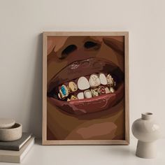 a painting of a person's mouth with teeth and gums on it in front of a white vase