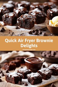 Delicious air fryer brownie bites drizzled with chocolate and served with a scoop of vanilla ice cream. Air Fryer Protein Brownie, Air Fryer Desserts Easy Recipes, Airfryer Desserts, Air Fryer Recipes Uk, School Cookies Recipe, Easy Airfryer, Air Fryer Dessert, Brownie Bites Recipe, Air Fryer Recipes Dessert