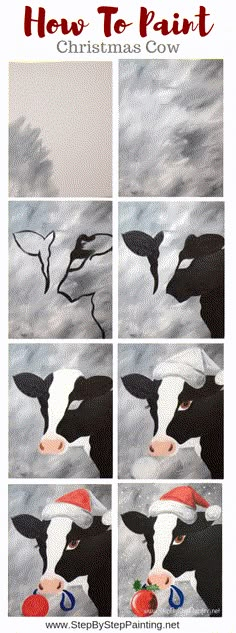 some pictures of cows with hats on and one has a red apple in its mouth