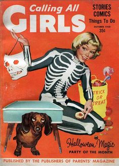 an old children's book with a skeleton sitting on a table and a dog standing next to it