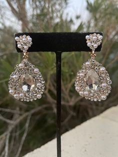 a pair of earrings is displayed on a stand in front of some trees and bushes