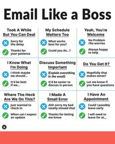 email like a boss chart with instructions for how to use it and what to do