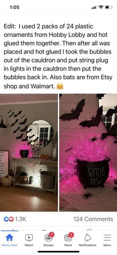 an instagramted photo with halloween decorations and bats on the wall in front of it