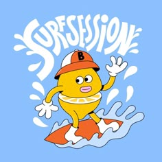 a cartoon character riding a surfboard with the words expression on it's chest