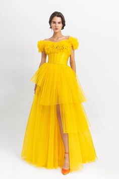 Ruffled off-shoulder corset top paired with a fully pleated tulle long skirt. - HerTrove Long Yellow Skirt, Yellow Corset Top, Yellow Corset, Off Shoulder Tulle, Pleated Tulle, Yellow Skirt, Dress Fitted, Lebanon, Corset Top