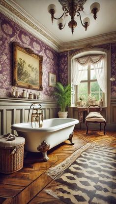 an ornate bathroom with purple wallpaper and white bathtub in the middle of wood flooring