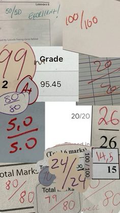 several pieces of paper with numbers and percentages on them, all marked in red