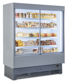 a refrigerated display case with many items in it's glass doors