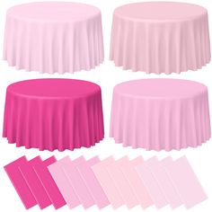 the table cloths are pink and white with different colors to choose from in this image