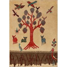 an embroidered tree with birds and animals on it, in front of a beige background