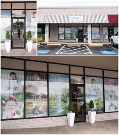 two pictures of the front and side of a storefront with large windows that show images of women in dresses