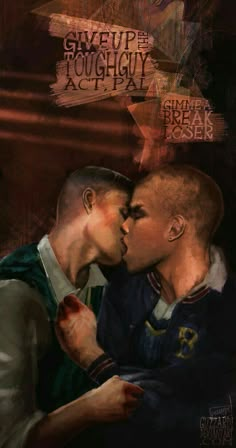 two men are kissing each other with words above them