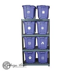 four shelves with blue plastic containers on them