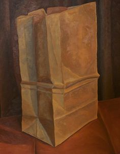 an oil painting of a brown paper bag