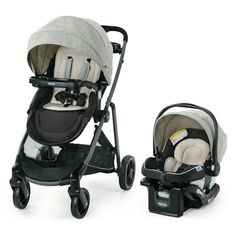 a baby stroller and infant car seat on a white background