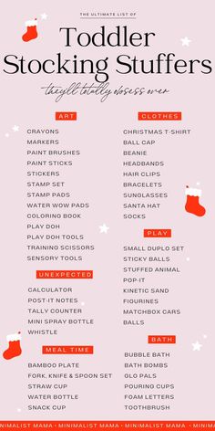 the christmas stocking stuff list for toddlers is shown in red, white and blue