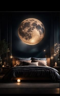 a bedroom with a full moon on the wall and lights in the dark night sky