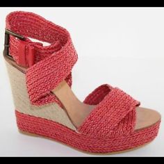 M & P Maypol Red High Espadrille Platform Wedge Heel Sandals Size 8.5/39. Condition- New! With Box Description: M & P Maypol Size 39 Black Woven Strappy Criss-Cross Synthetic Upper. Tonal Stitching. Open / Peep Toe. Brass Colored Hardware Ankle Strap Buckle. Approximately 1.25'' Platform Heel. Approximately 5'' Espadrille Heel. Made In Spain Red Wedge Sandals With Round Toe For Summer, Red Round Toe Wedge Sandals For Summer, Red Casual Wedge Sandals With Round Toe, Casual Red Wedge Sandals, Summer High Heel Wedge Sandals With Red Sole, High Heel Wedge Sandals With Red Sole For Summer, Summer Wedge Sandals With Red Sole And Round Toe, Beach Wedge Sandals With Red Sole And Round Toe, Summer Wedge Sandals With Red Sole And Ankle Strap