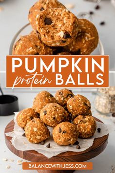 pumpkin protein balls stacked on top of each other with the words pumpkin protein balls above them