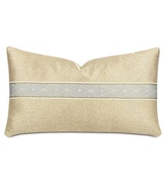 a gold and white pillow with grey stripes on the front, along with a light blue stripe down the middle