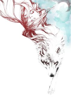 a drawing of a girl and a wolf with long hair flying through the air over water