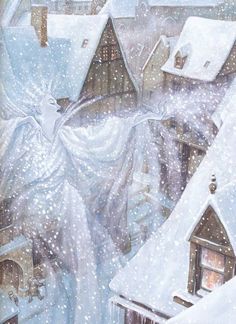 a painting of a snowy town with houses