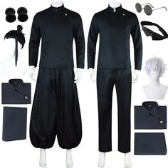 an assortment of men's black clothing and accessories