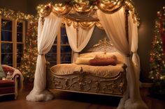 a bedroom decorated for christmas with lights on the windows