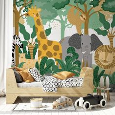 an animal themed children's room with zebras and giraffes