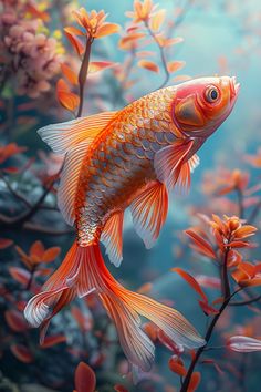 a goldfish swimming in an aquarium filled with plants and flowers, looking at the camera