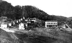 an old black and white photo of houses on a hill with trees in the background