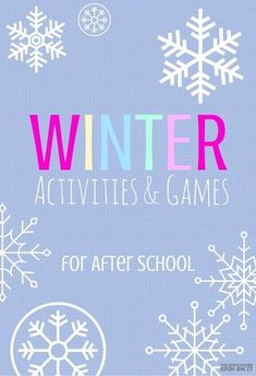 the winter activities and games for after school are shown in pink, blue, and white