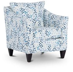 a blue and white patterned chair with black legs