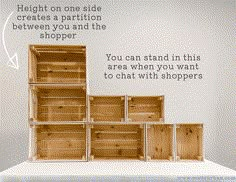 a shelf with several wooden boxes on it and the words height one side creates a partition between you and the shopper