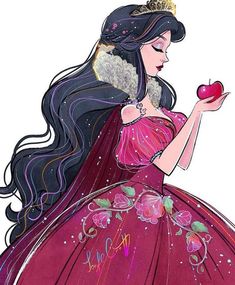 a drawing of a woman in a pink dress holding an apple and wearing a tiara