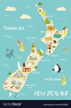 an illustrated map of new zealand with all the main attractions and places to see in it