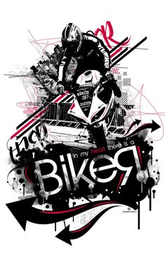 a man riding a motorcycle on top of a graffiti covered wall with the words biker